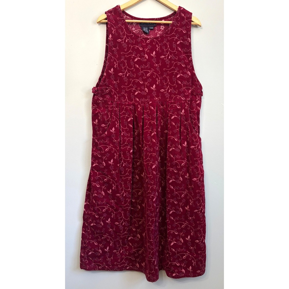 Vtg 80s JG‎ Hook Pinafore Dress Petite L Burgundy Corduroy Floral Modest Cottage